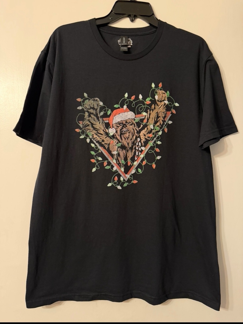 Star Wars Gildan Black Short‑Sleeve Tee with Festive Chewbacca Graphic Sz L